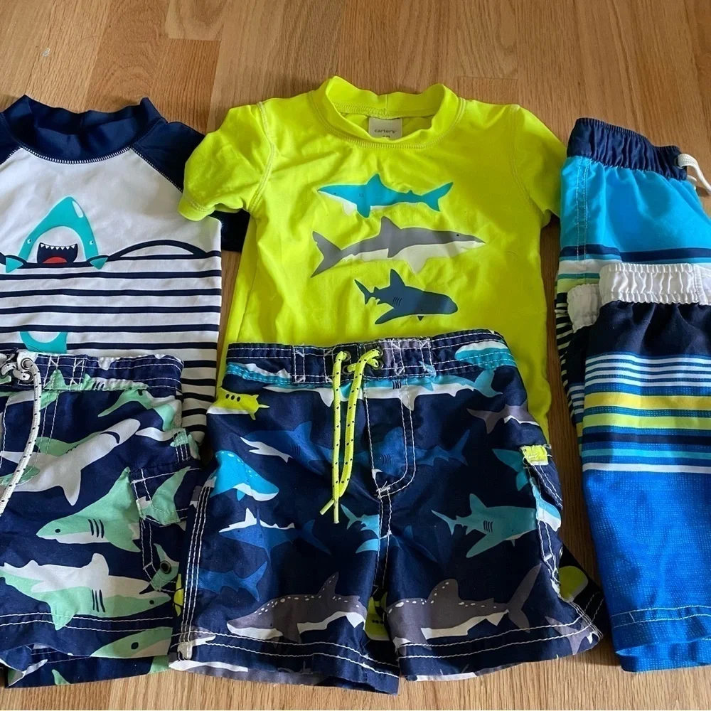 18 mos Boys Swim Bundle Lot Rash Guard Shorts Kids Shark Set - Blue and Green